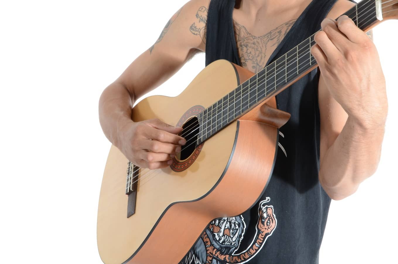playing an acoustic guitar